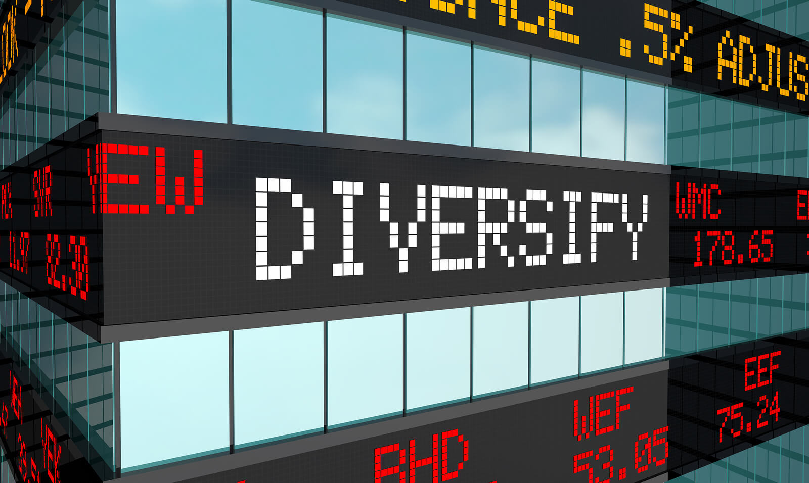 3D image of stock prices along the side of a building with the word 'Diversify' shown